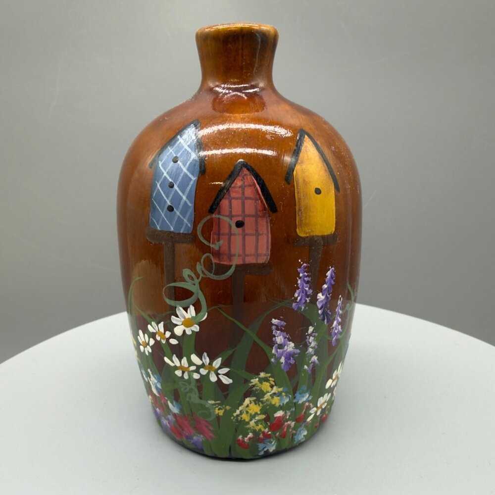 Hand-Painted Ceramic Vase With Birdhouses & Floral Design By Hawick 5" Tall